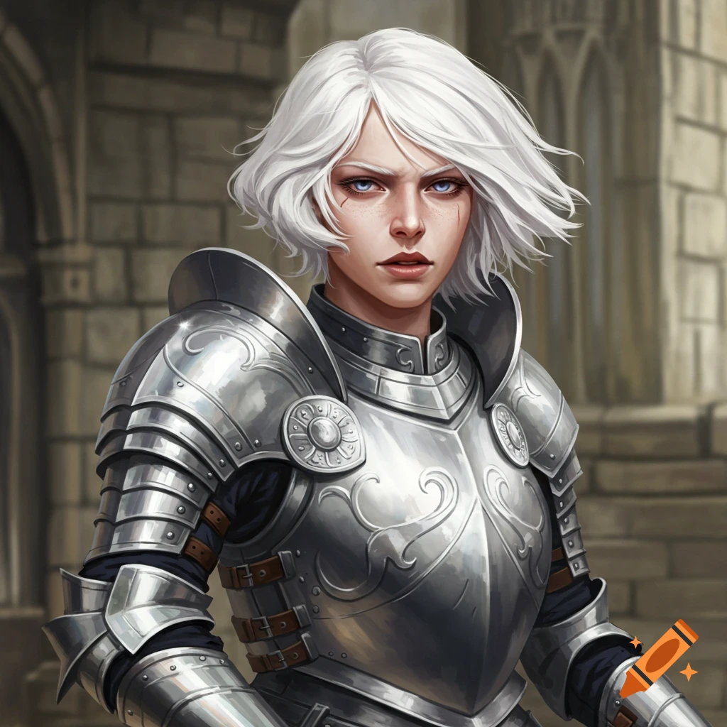 A semi-realistic portrait painting of a white-haired female knight in full platinum armor standing in front of a stone archway.