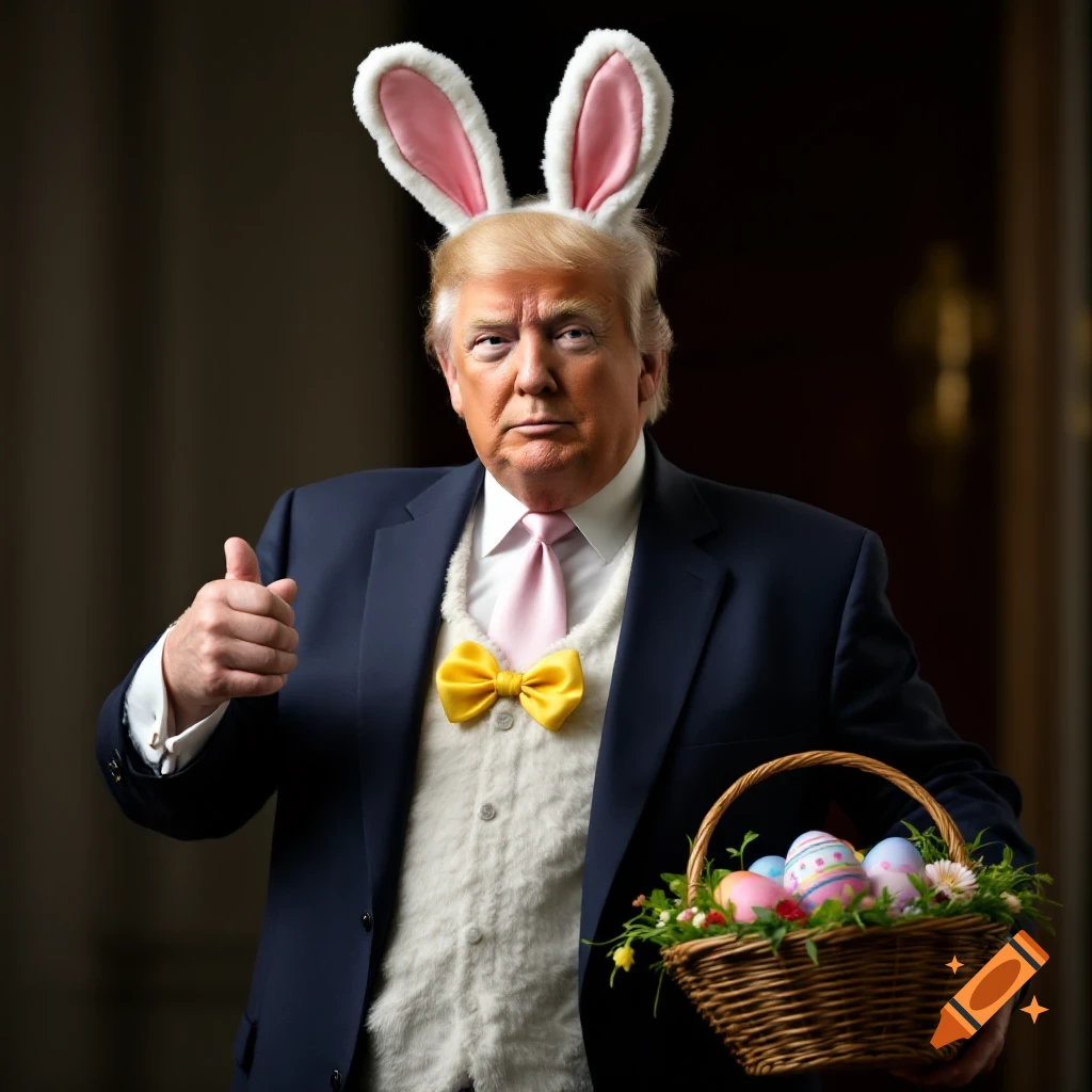 Photorealistic image of Donald Trump wearing bunny ears and vest, holding an Easter basket, and giving a thumbs-up.