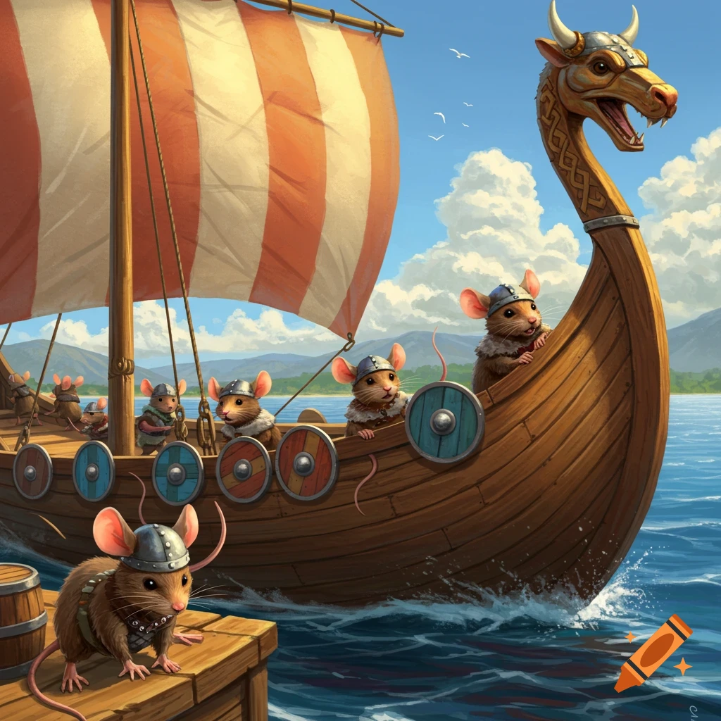 A group of mice in viking helmets sail a longship on the water.