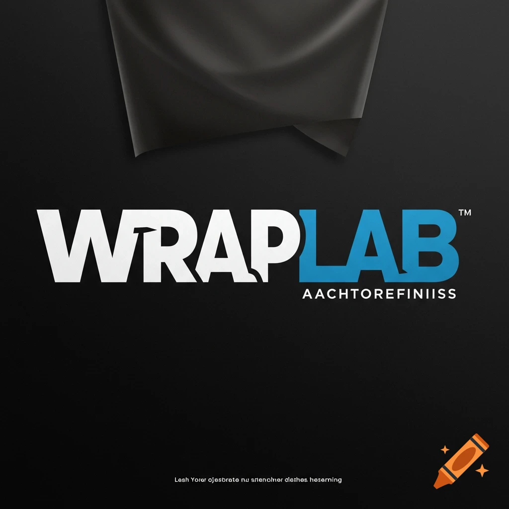 Logo concept for Wrap Lab with white and blue text and black draped fabric.