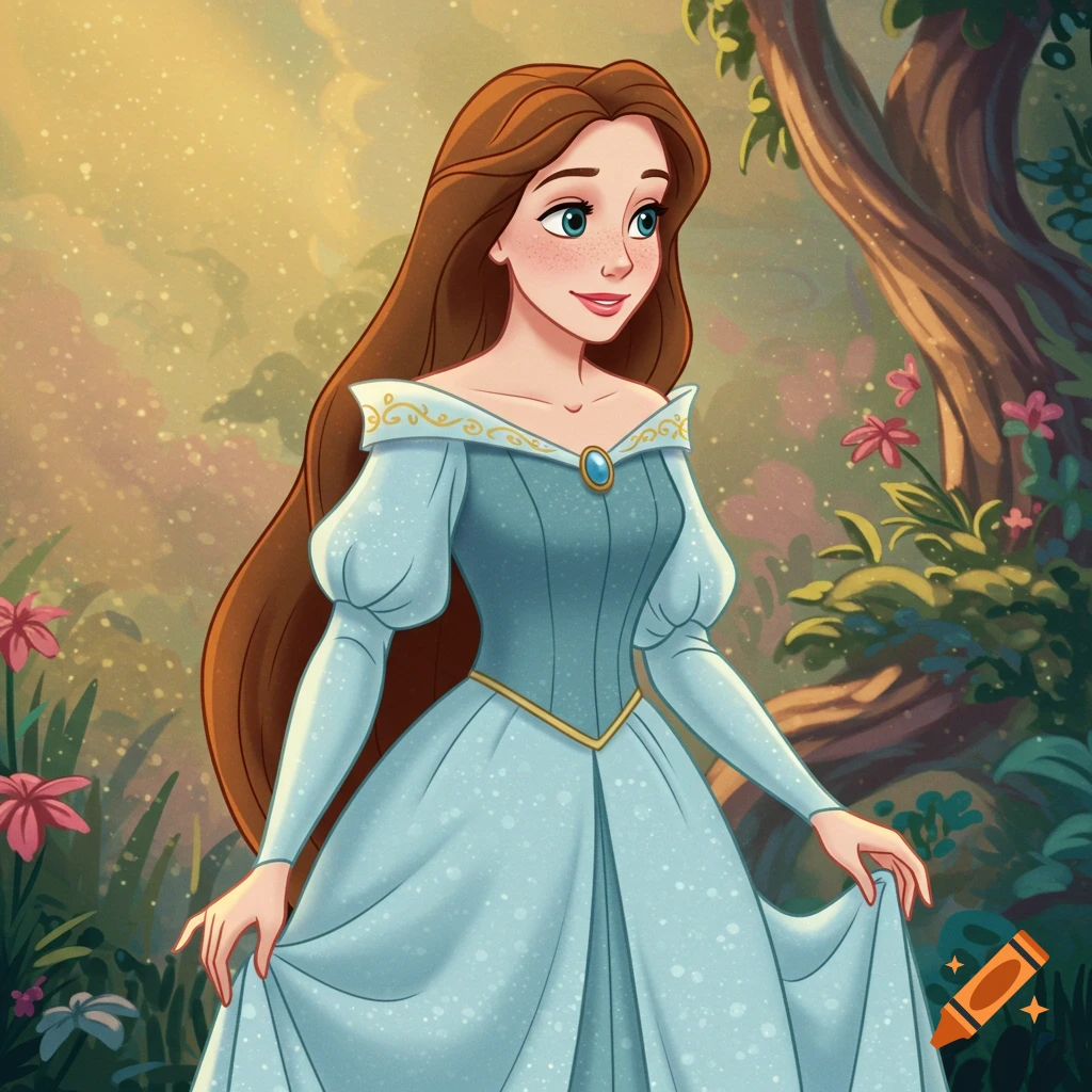 Cartoon princess with long brown hair and a blue dress in a forest, in the style of Disney animation.