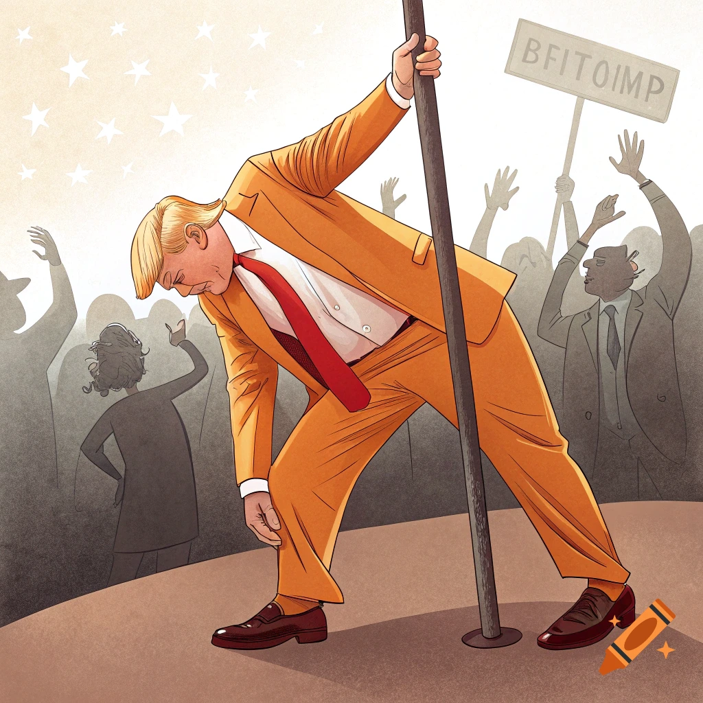 Cartoon illustration of Donald Trump in an orange suit leaning on a pole on a stage in front of a cheering crowd.