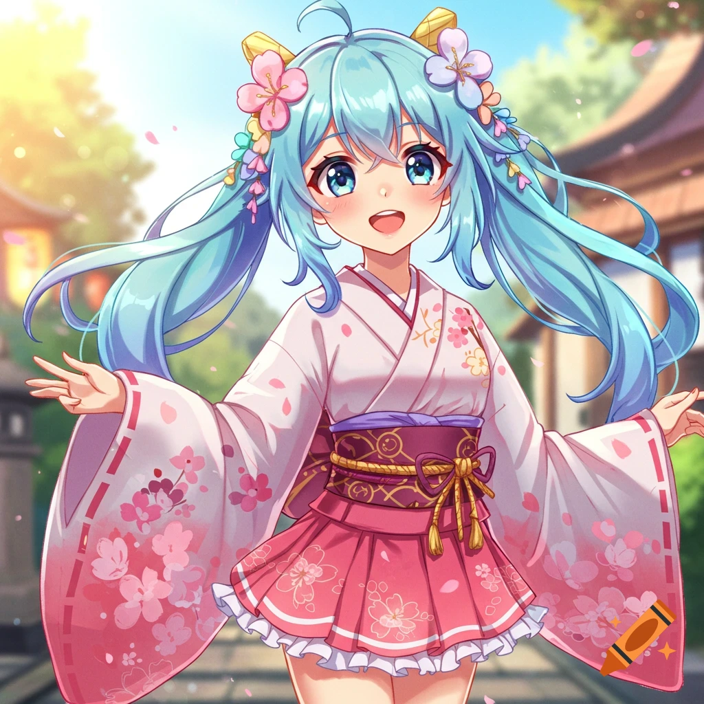 Anime girl with blue hair and flowers in her hair, wearing a pink and white kimono with cherry blossoms, outdoors.