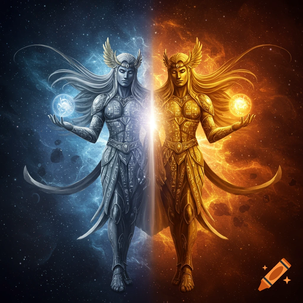 Two celestial warriors, one silver-blue and one gold-orange, stand against a split nebula, holding glowing orbs.