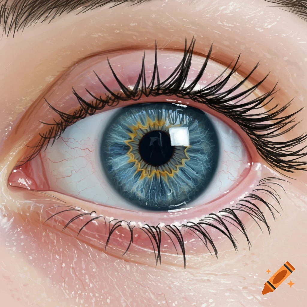 Detailed painting of a blue human eye with long lashes.