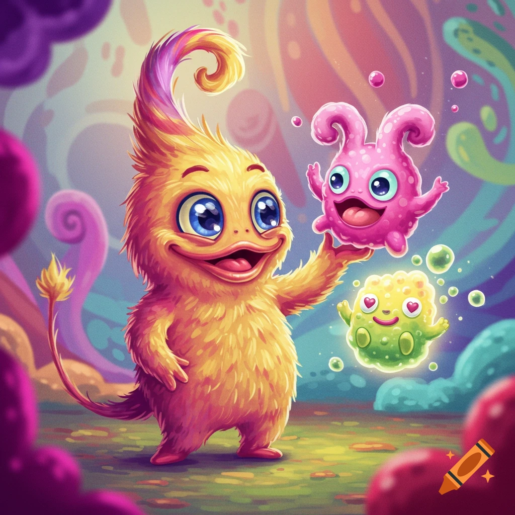 A cute yellow furry monster holds a pink creature in a vibrant fantasy world with another green creature nearby. Illustration.