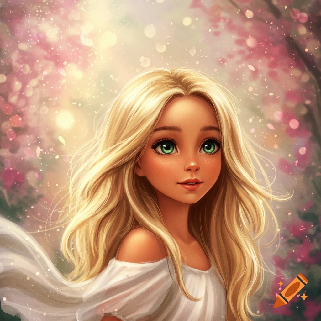 A girl with blonde hair, green eyes, and freckles in a dreamy setting with pink flowers.