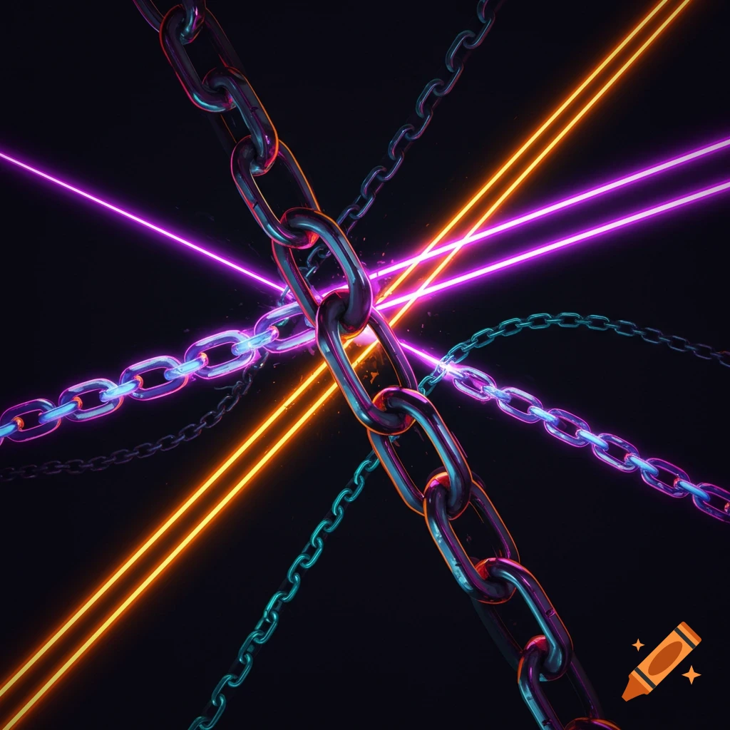 Intertwined chains crossed by neon purple and orange lasers on a black background.