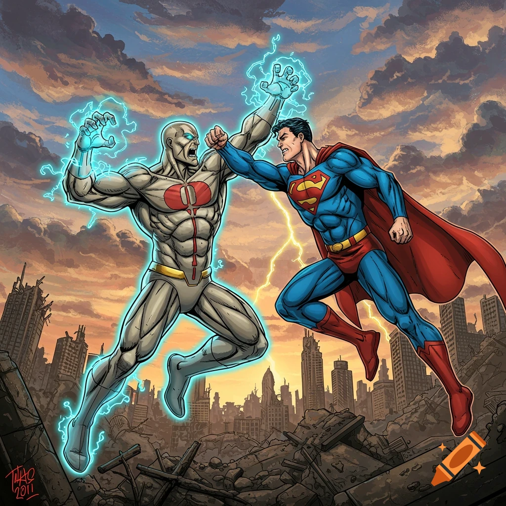 Comic art of Superman fighting another superhero in a destroyed city.