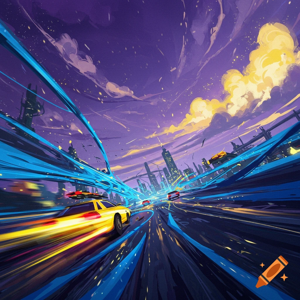 Stylized illustration of fast cars on a highway at dusk with blue trails and city skyline.