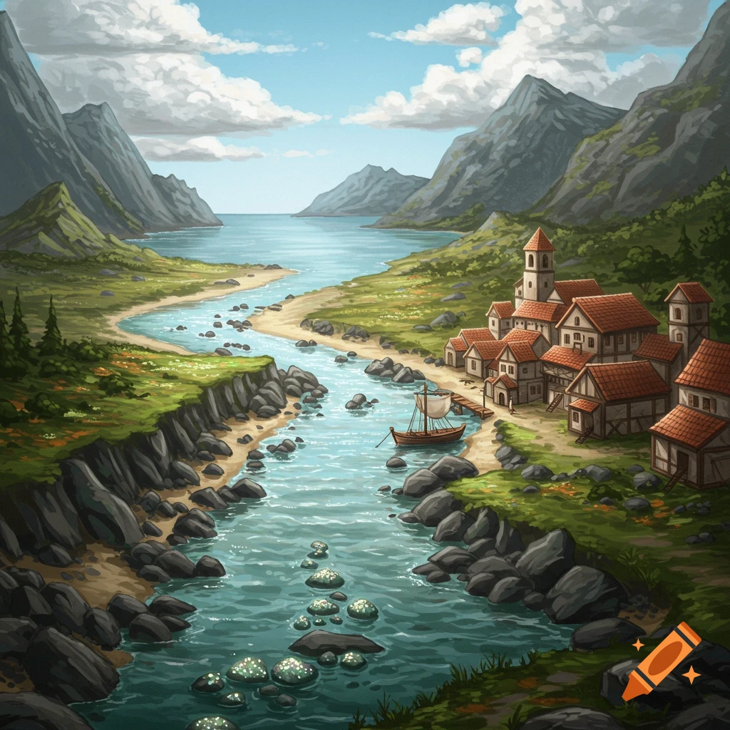 A fantasy illustration of a river flowing through a valley with mountains, leading to a town on the bank by the sea.