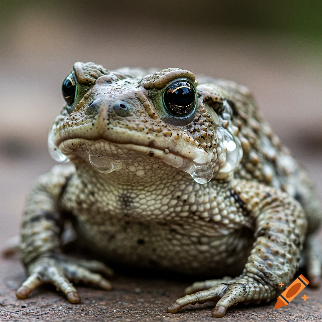 Close-up, photorealistic image of a toad with water droplets on its face.