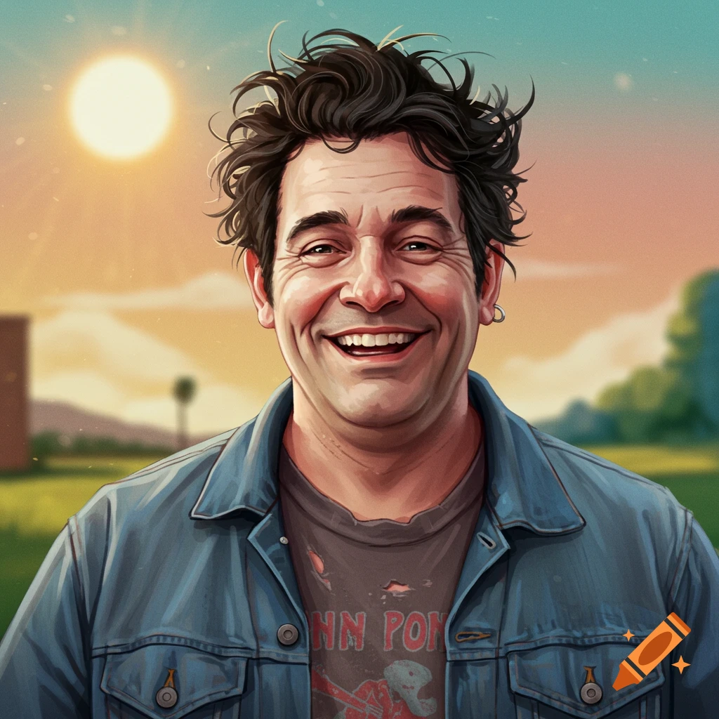 An illustration of a man with messy hair and a denim jacket smiling broadly in a sunny outdoor setting.