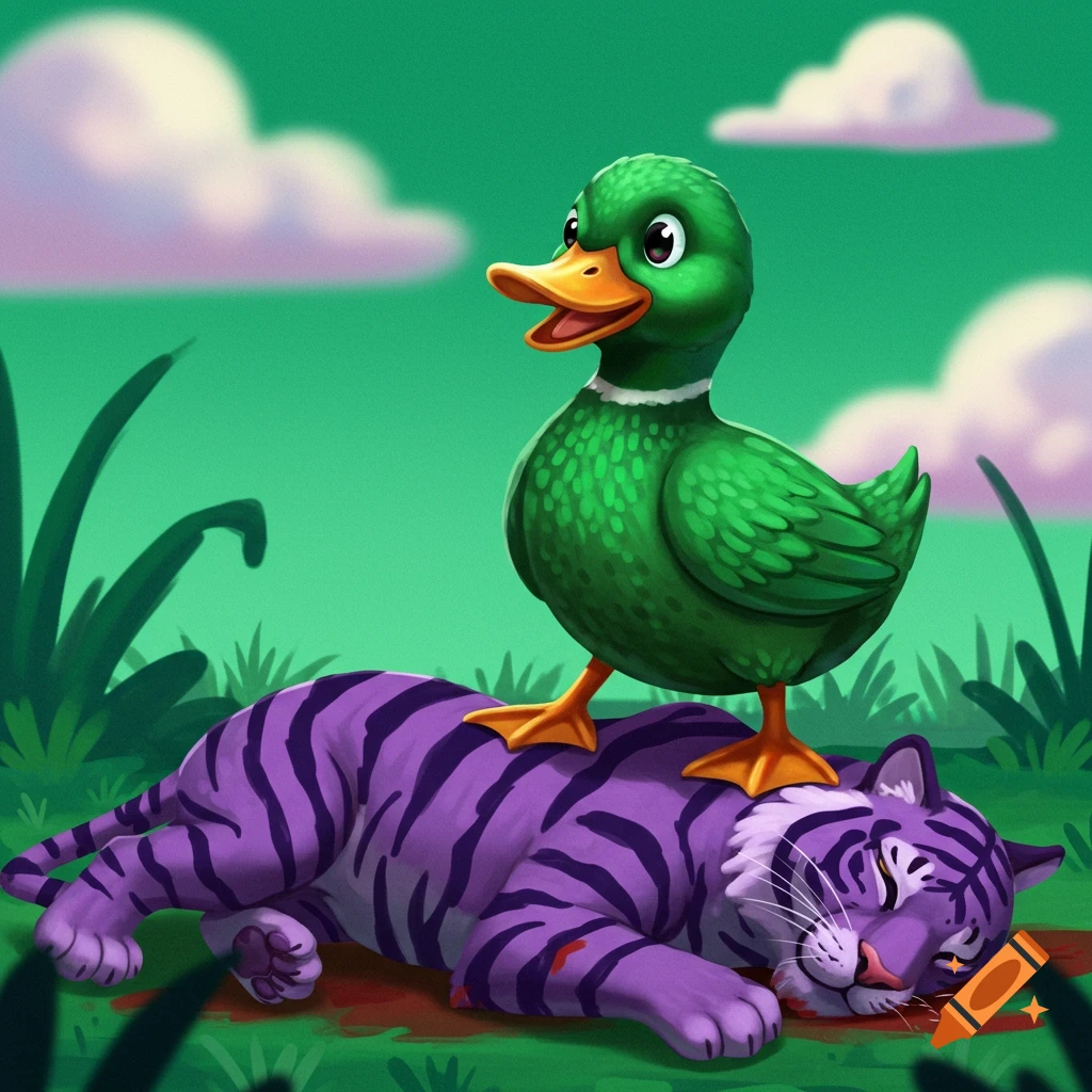 Cartoon of a green duck standing on a defeated purple tiger in a grassy field.