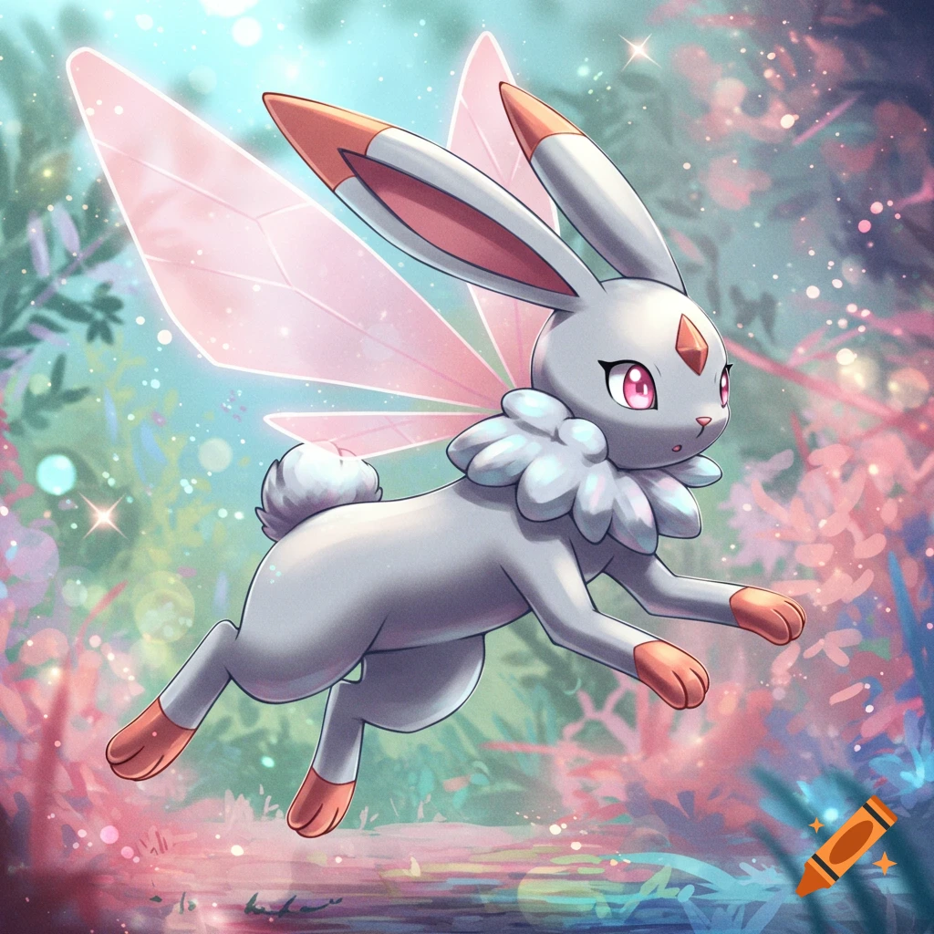 A white bunny-like creature with pink wings flies in a colorful fantasy forest.