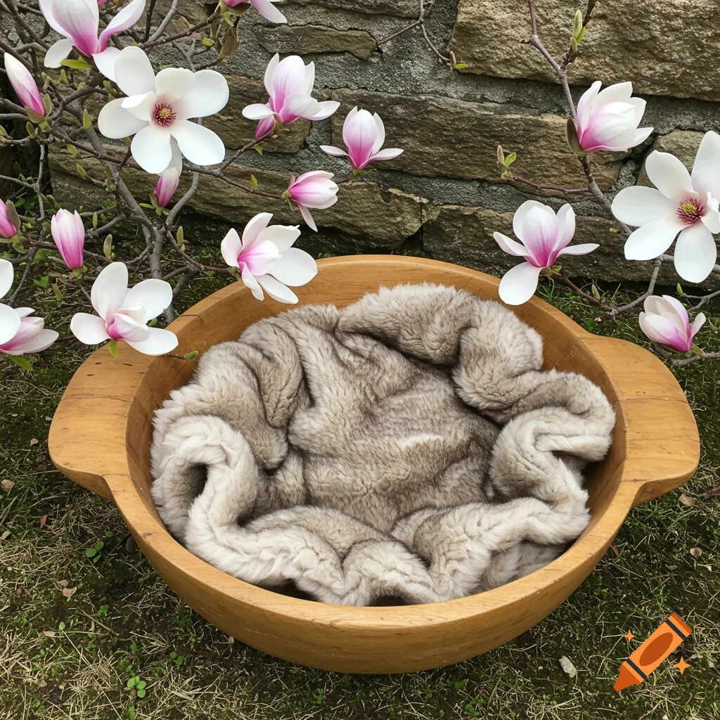 A wooden bowl filled with a fuzzy blanket sits outdoors, surrounded by pink and white magnolia flowers.