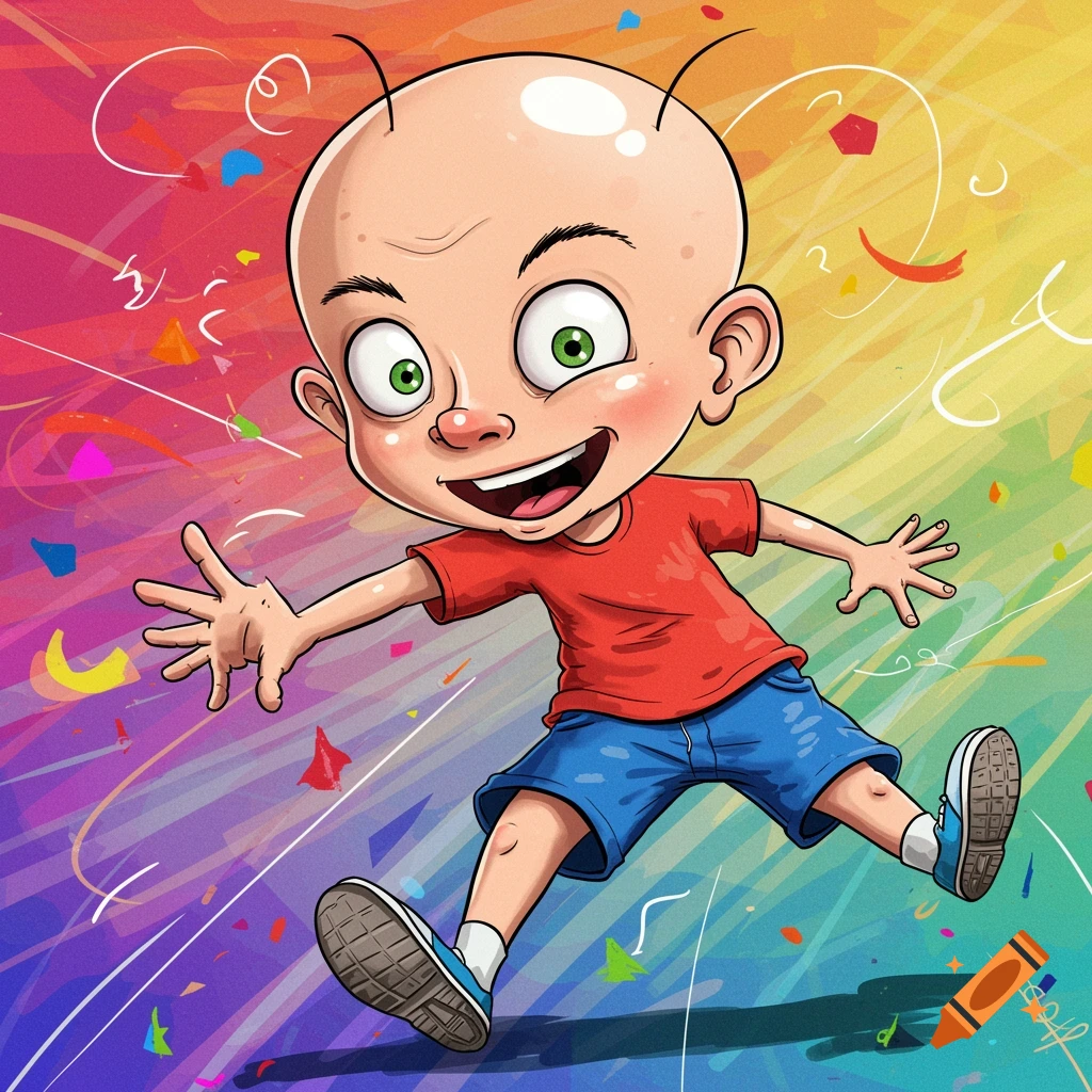 Cartoon illustration of an energetic bald boy jumping with confetti in a colorful background.
