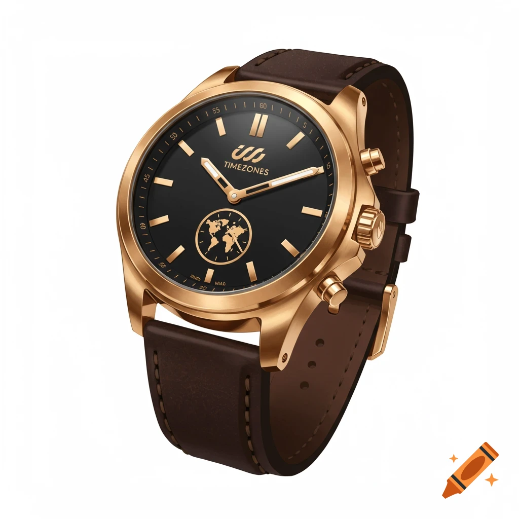 A close-up view of a rose gold watch with a black face and brown leather strap.