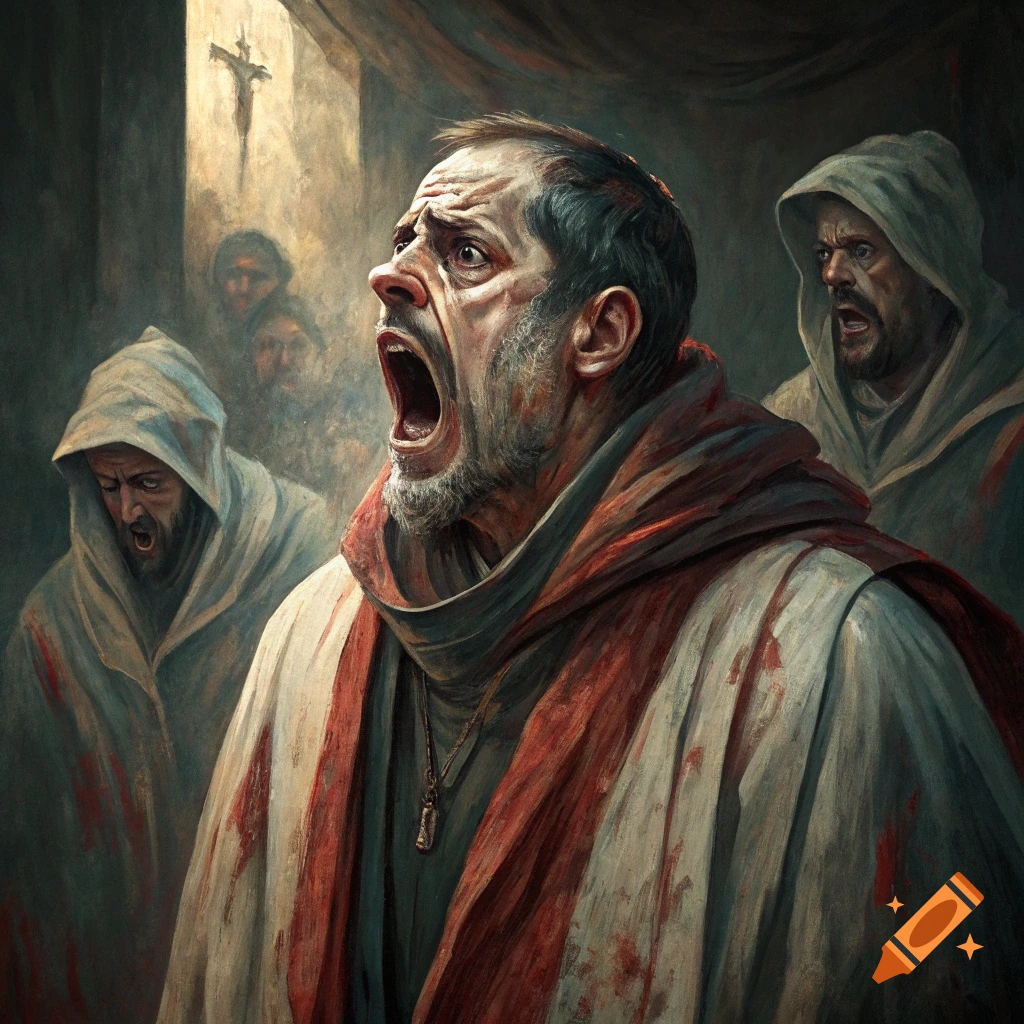 Dramatic painting of men in religious robes looking distressed, with a crucifix in the background.