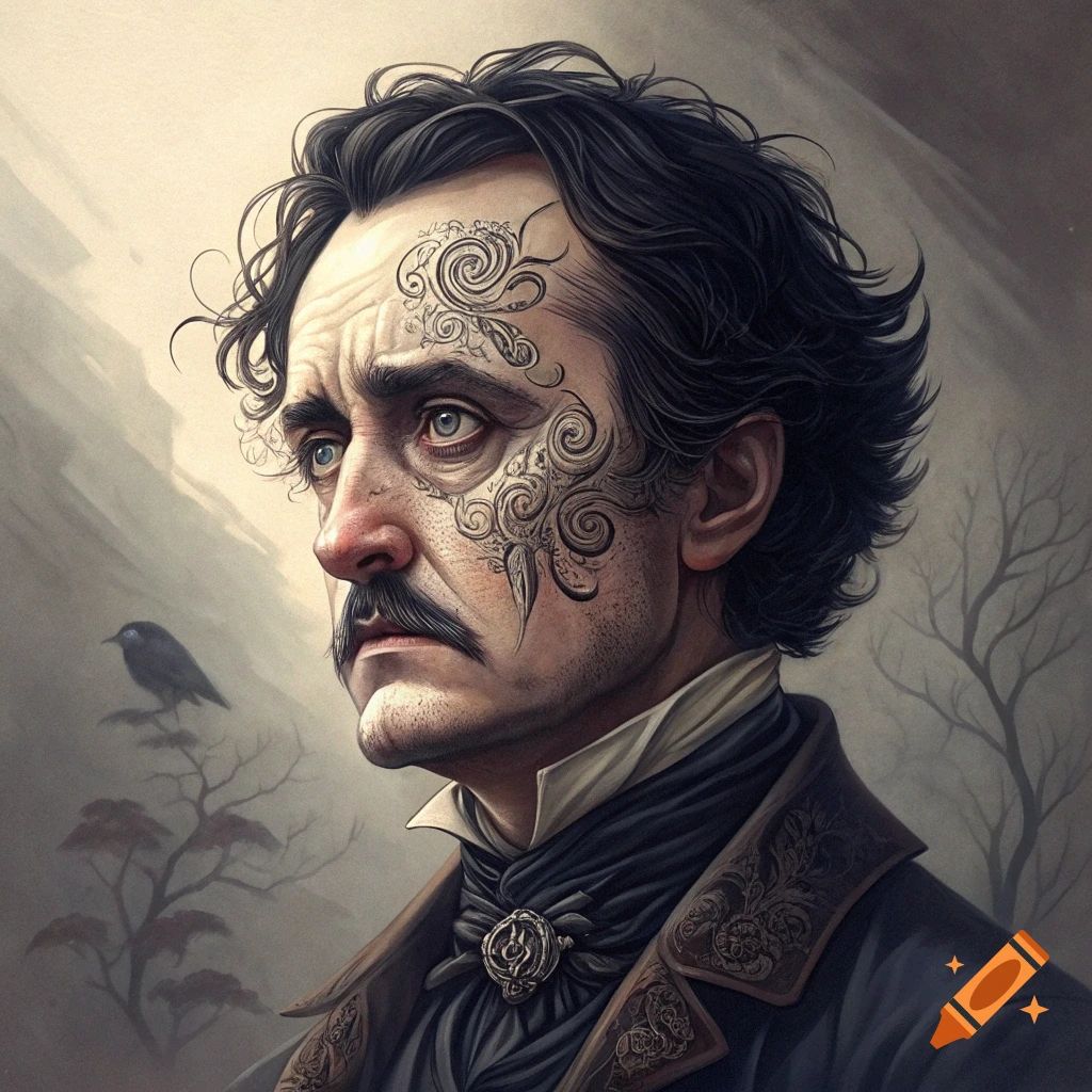 Portrait of Edgar Allan Poe with ornate face tattoos, standing beside a raven on a branch with bare trees in the background.