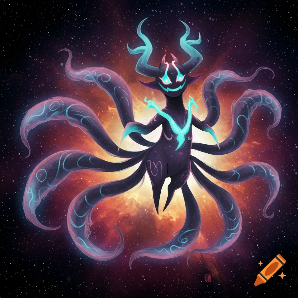 A dark cosmic fantasy creature with glowing blue eyes and features, and ten tails, stands against a space background with a nebula.