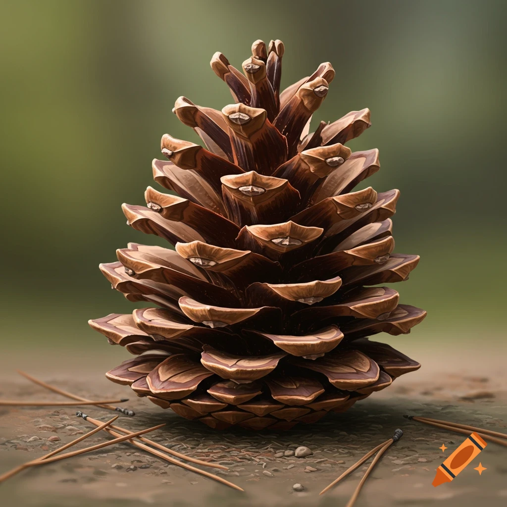 Close-up photorealistic image of a pinecone on the ground with pine needles.