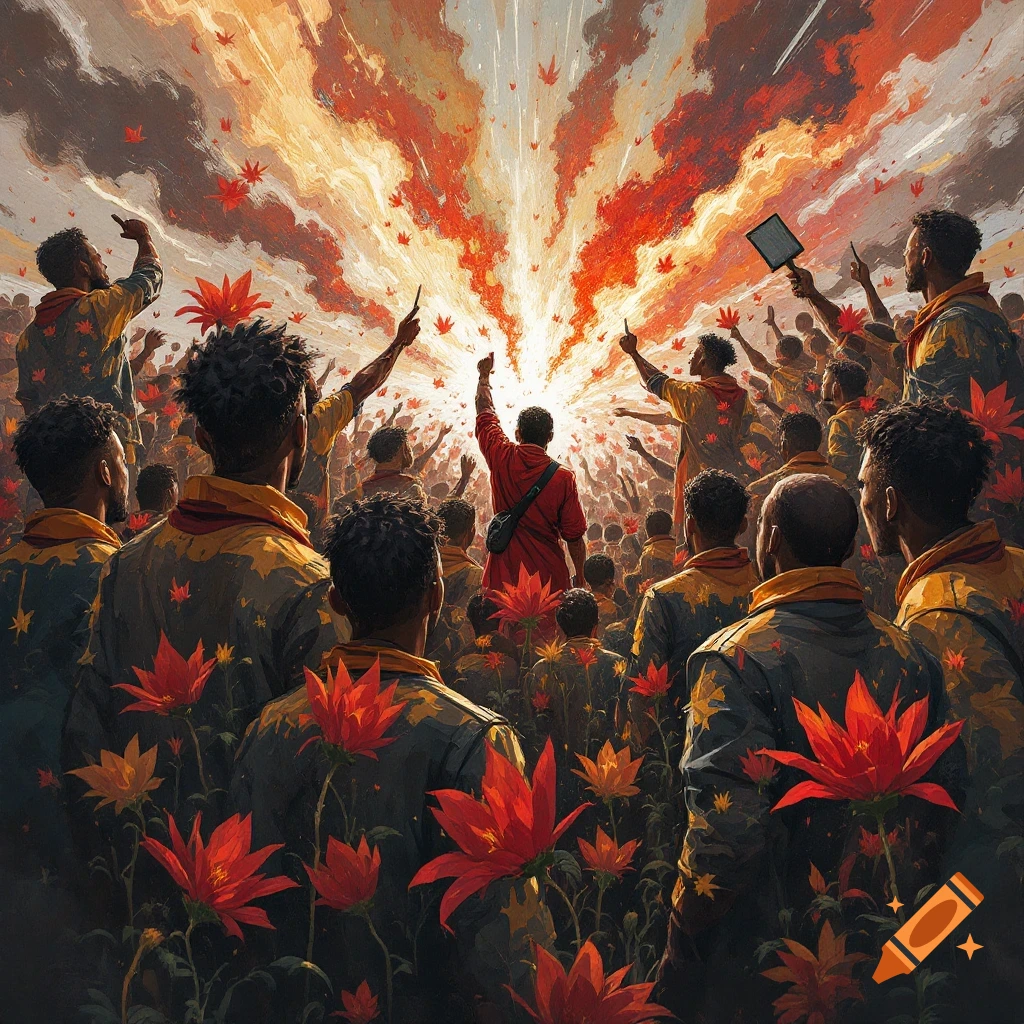 Crowd facing bright light with raised fists, red flowers in foreground, illustration style