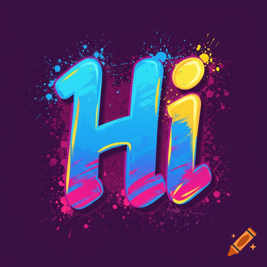 Stylized text 'Hi' in blue, pink, and yellow with colorful paint splatters on a dark purple background.