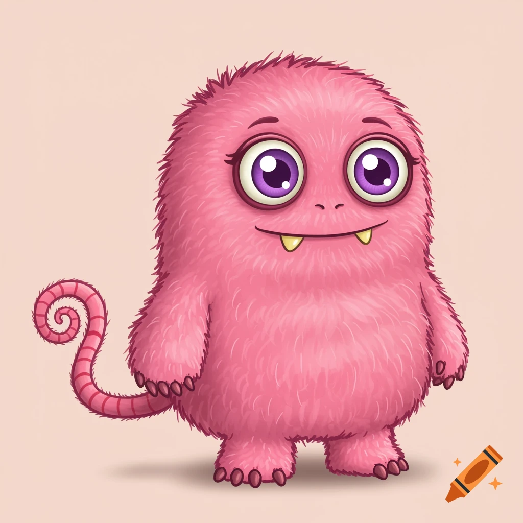 Cartoon drawing of a pink fuzzy monster with large purple eyes and a curly tail.