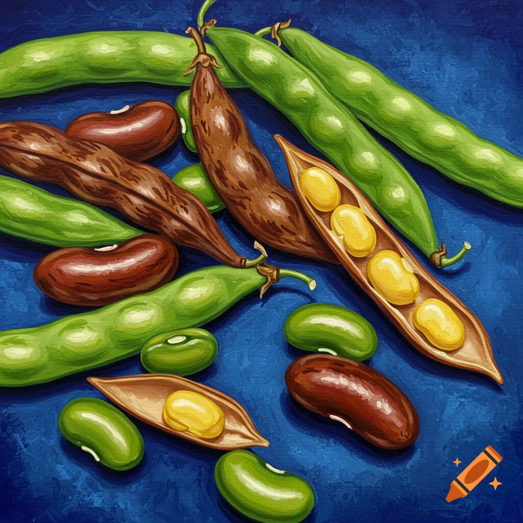Illustration of various beans and pods scattered on a blue background.