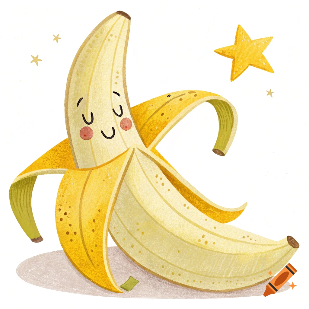 Cartoon illustration of a smiling, peeled banana with stars around it.