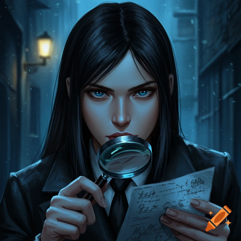 Illustration of a female detective examining a document with a magnifying glass on a dark street.