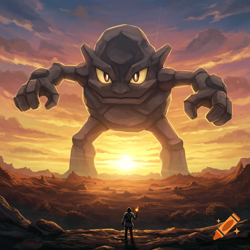 Giant Geodude towers over a person in a rocky landscape at sunset.