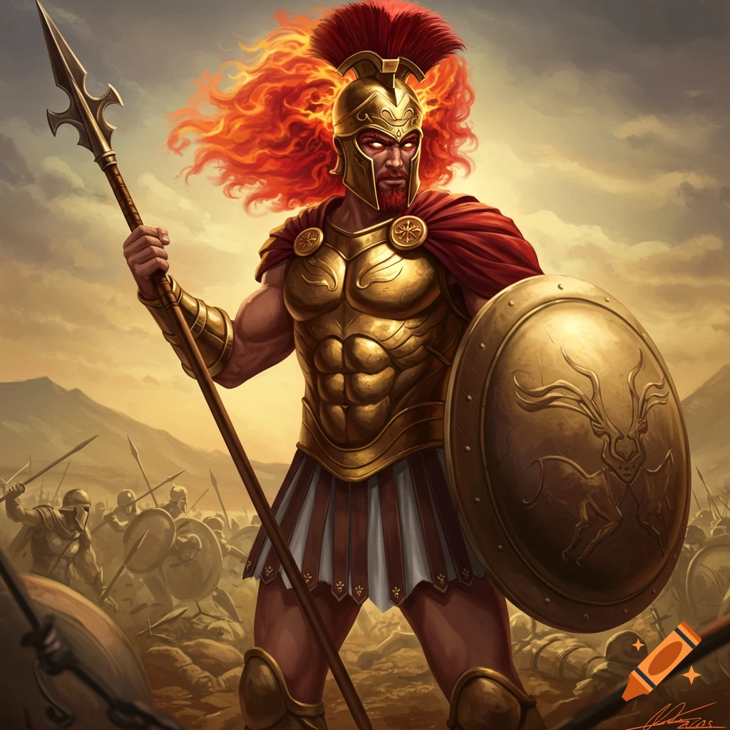 A powerful warrior in golden armor with fiery hair holds a spear and shield on a battlefield.
