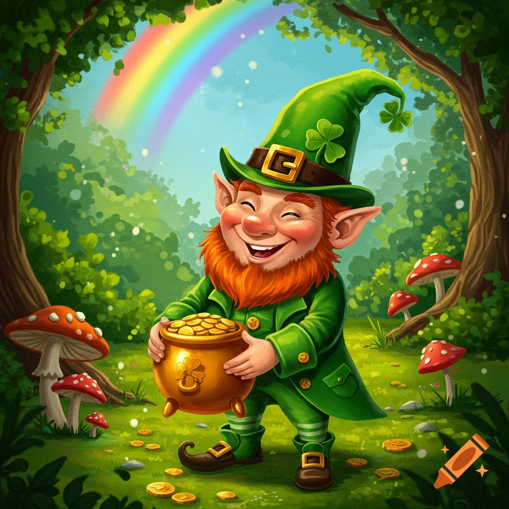 A cheerful cartoon leprechaun in a forest holds a pot of gold under a ...