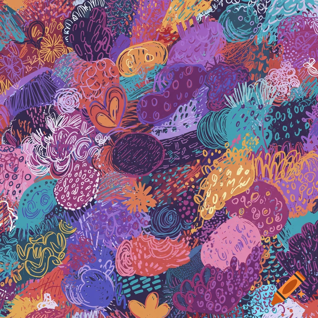 A vibrant abstract doodle pattern with colorful shapes and lines.