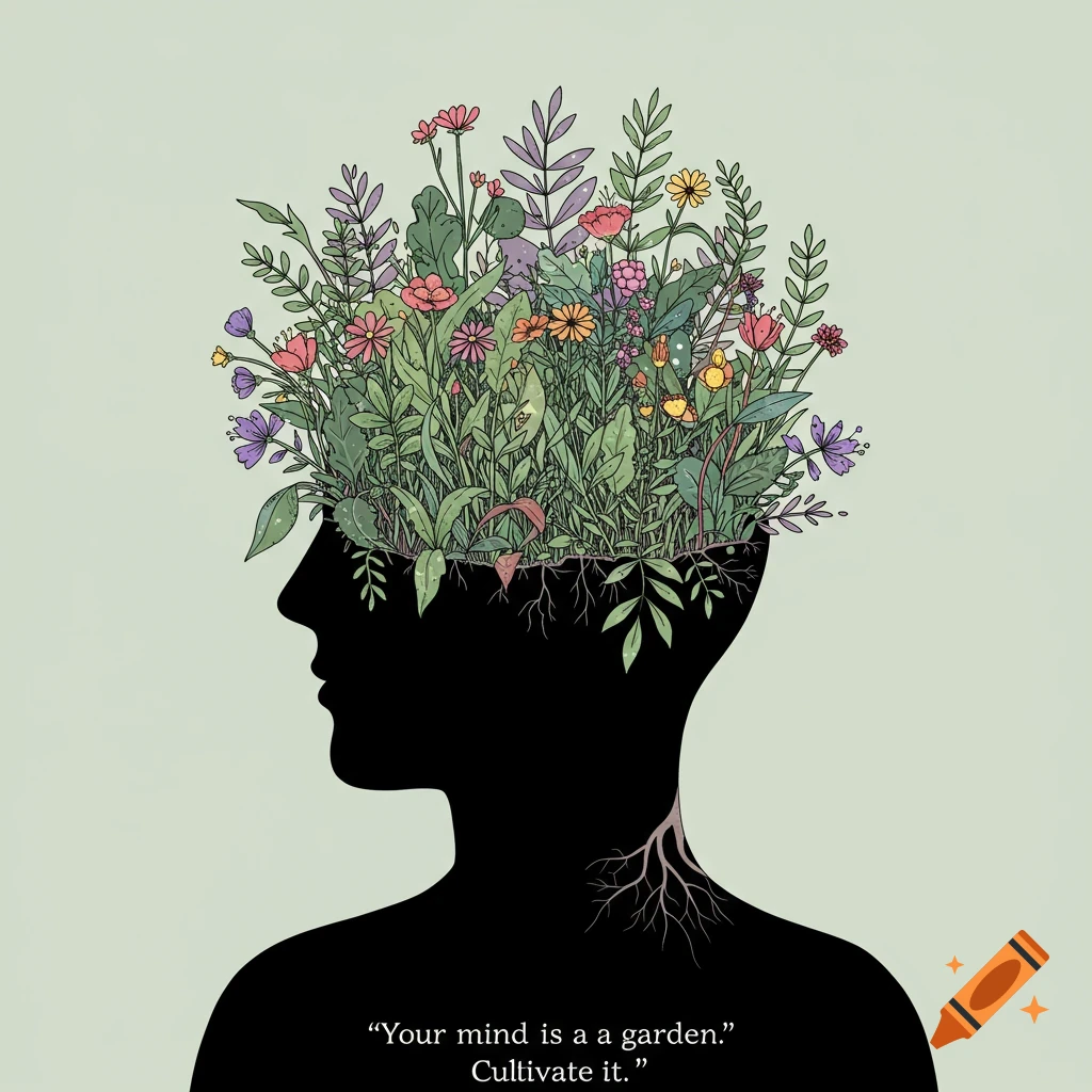 Minimalist illustration of a human silhouette with a garden growing from its head and roots at the neck, with a quote below.