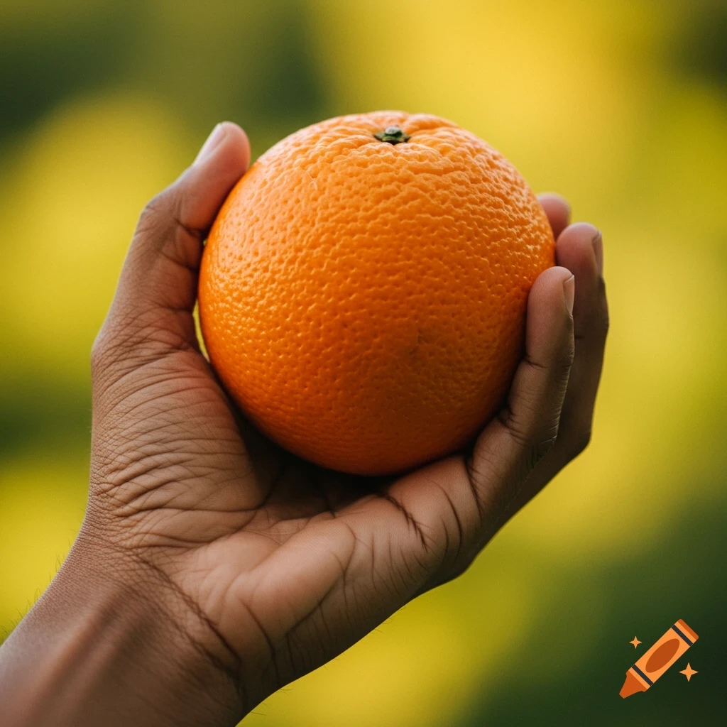 A hand holds a single orange.