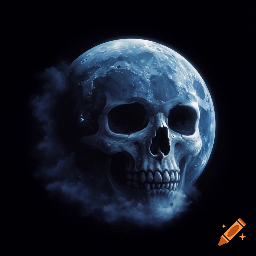 Moon shaped like a skull against a dark background with wispy smoke.