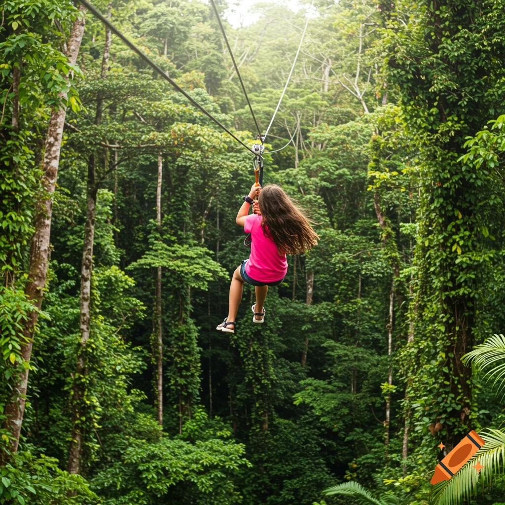 A girl zip-lining through a dense, green jungle.