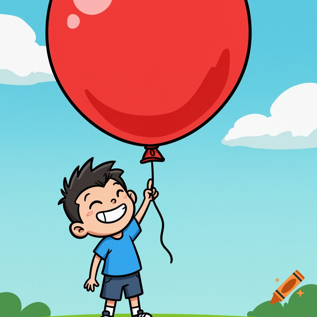 A cartoon boy holds a large red balloon.