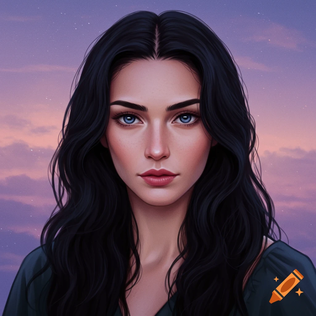 Digital art portrait of a woman with long dark hair and blue eyes against a cloudy sky.