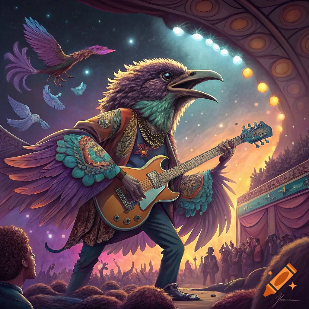 A large bird in clothes plays a guitar on stage in front of a cheering crowd, with other birds flying above.