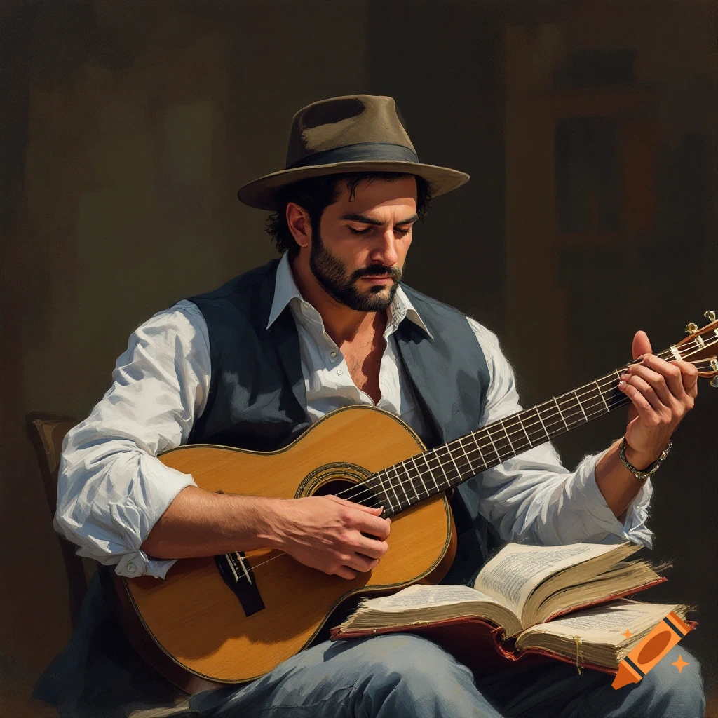 A man in a hat and vest sits playing an acoustic guitar with open books on his lap, in a realistic painting style.