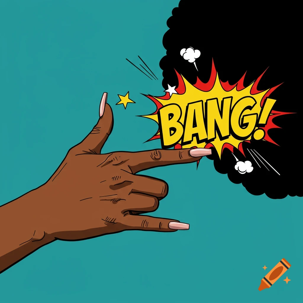 Comic book style illustration of a Black woman's hand making a finger gun gesture with a 'BANG!' graphic.