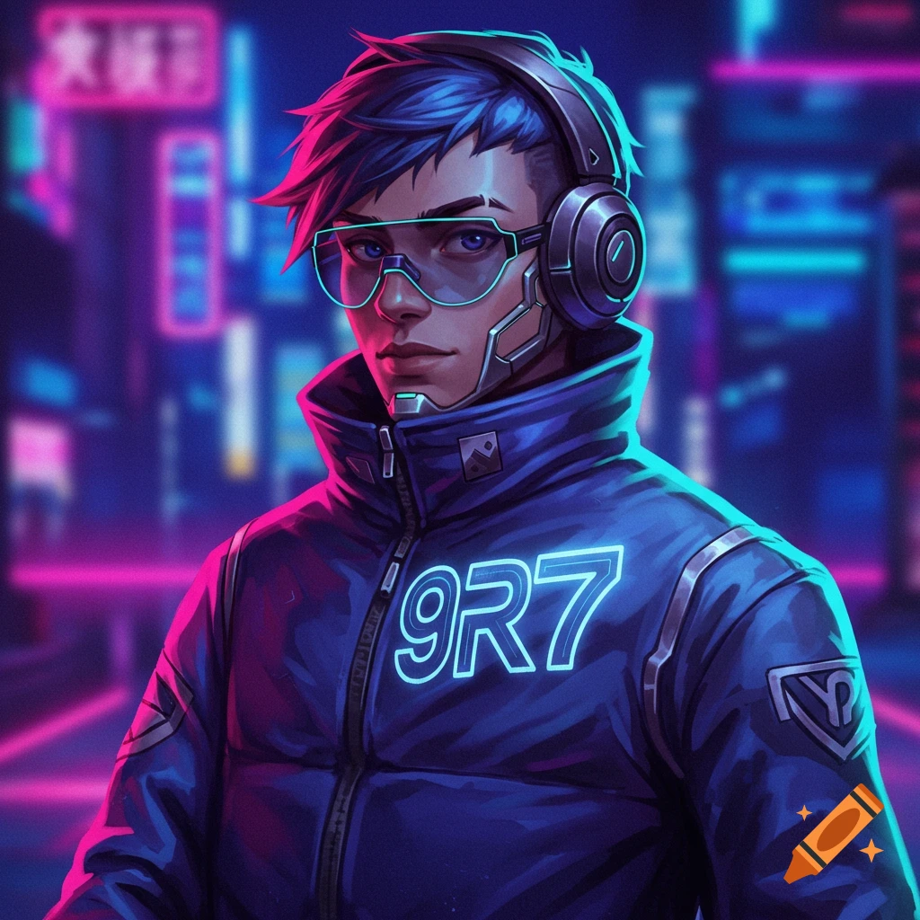 A young man in a cyberpunk jacket with 9R7 text, headphones, and glowing glasses, set against a neon city background.