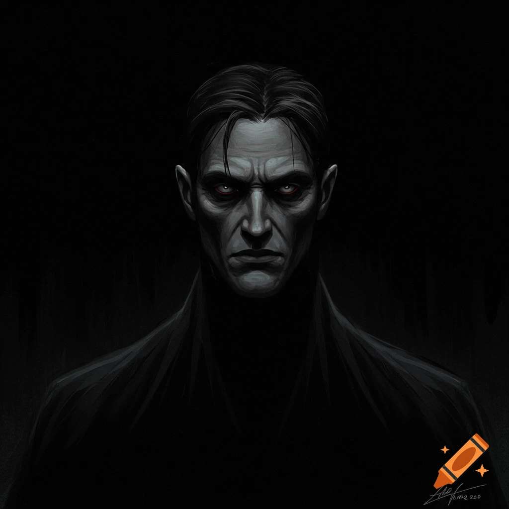 Digital portrait of a man with glowing red eyes against a black background.