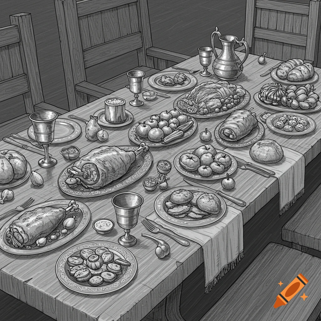 Black and white sketch of a medieval feast table laden with food.