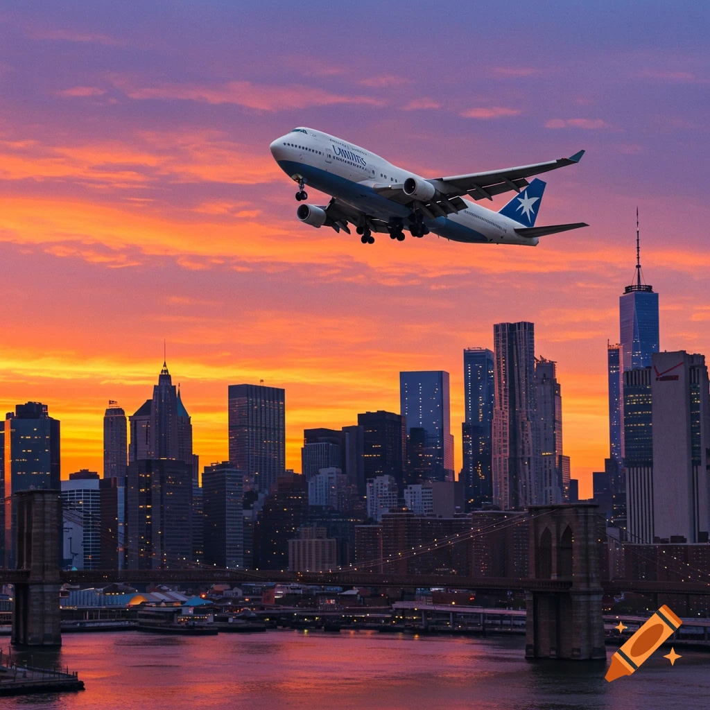 An airplane flies over the New York City skyline at sunset.
