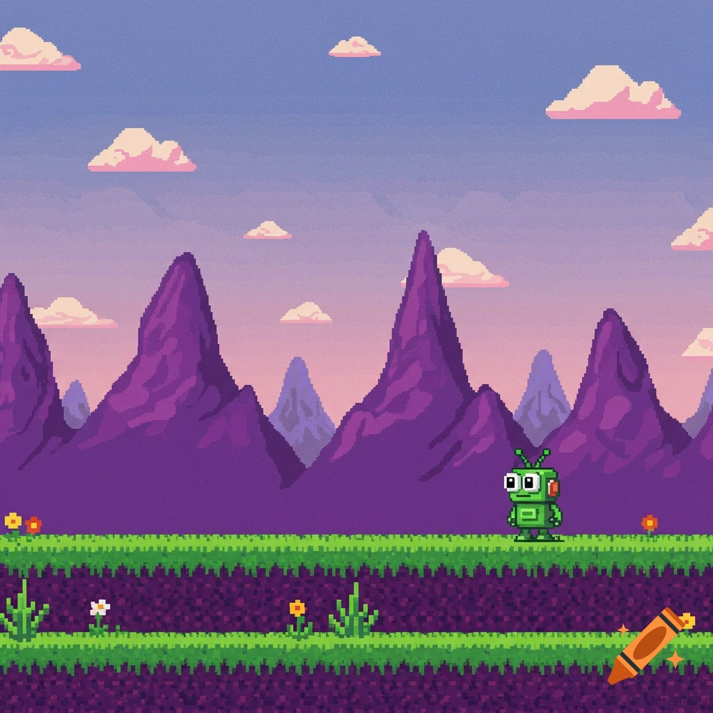 Pixel art landscape with purple mountains, green ground, and a small green robot.